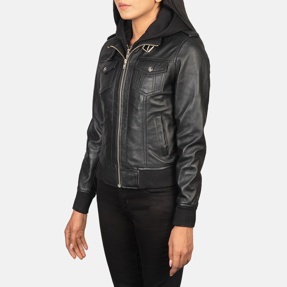 Roslyn Black Hooded Leather Bomber Jacket - Image 4